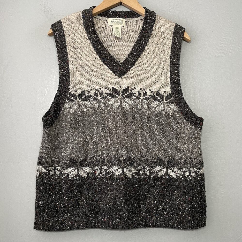 St Johns Bay Sweater Vest Size L Chunky Gray Wool Fair Isle Academia Fisherman